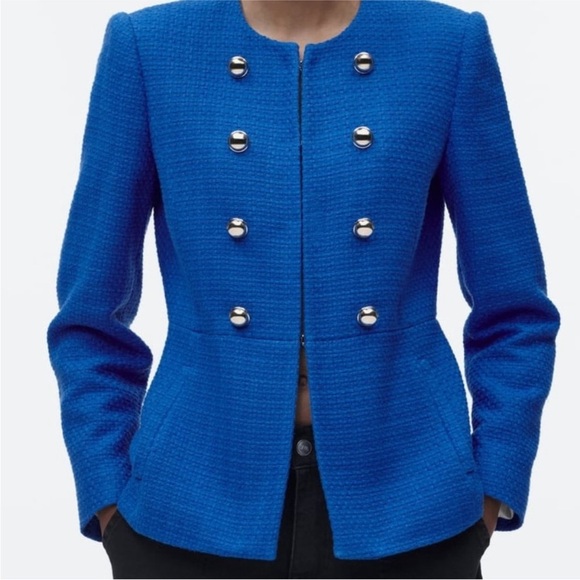 Zara Jackets & Blazers - Zara Bluish Round Collar Gold Button Textured Blazer Size Small